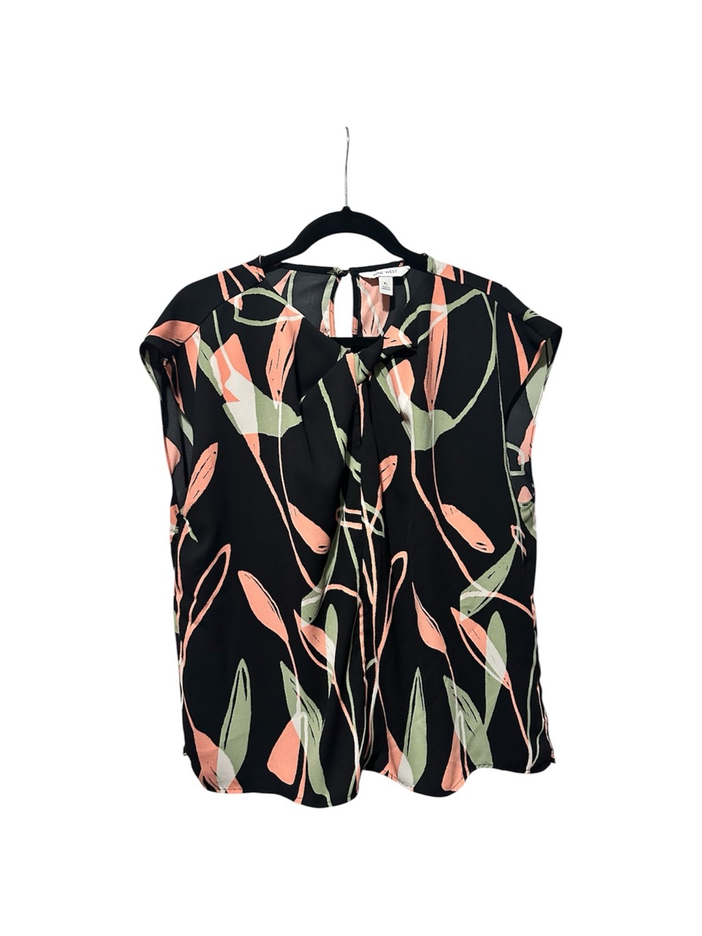 Nine West Black Floral Tie-Neck Cap Sleeve Top - Peach & Green